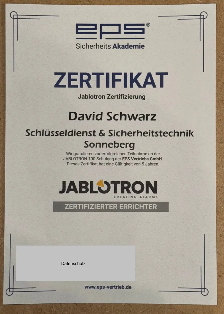 Zertifikat JABLOTRON Zertifizierung für David Schwarz