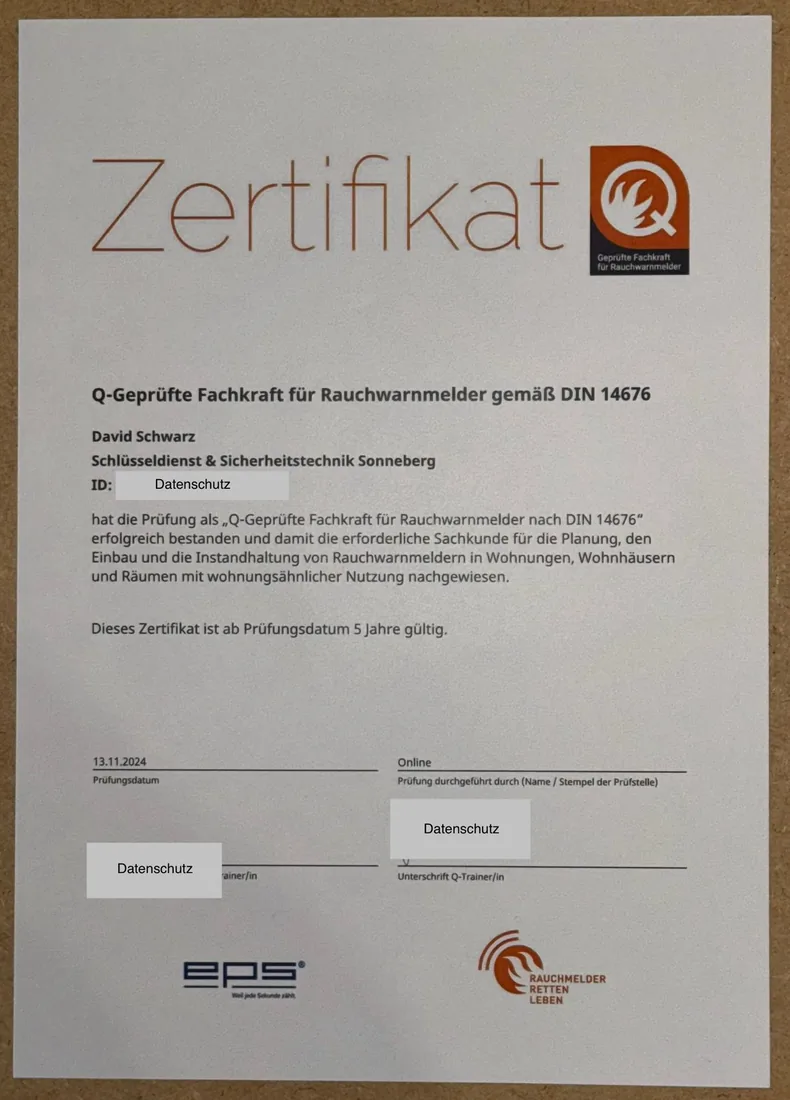 Zertifikat Q-geprüfte Fachkraft für Rauchwarnmelder